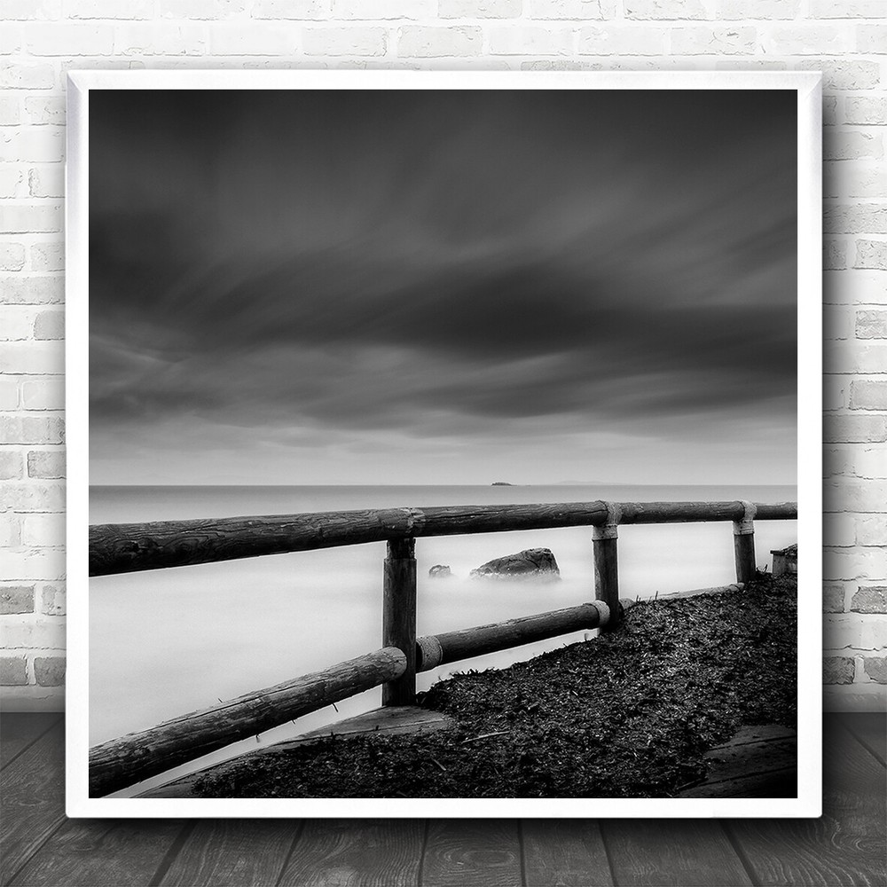 Seascape Fence Water Clouds Rock Horizon Landscape Ocean Sea Square Art Print