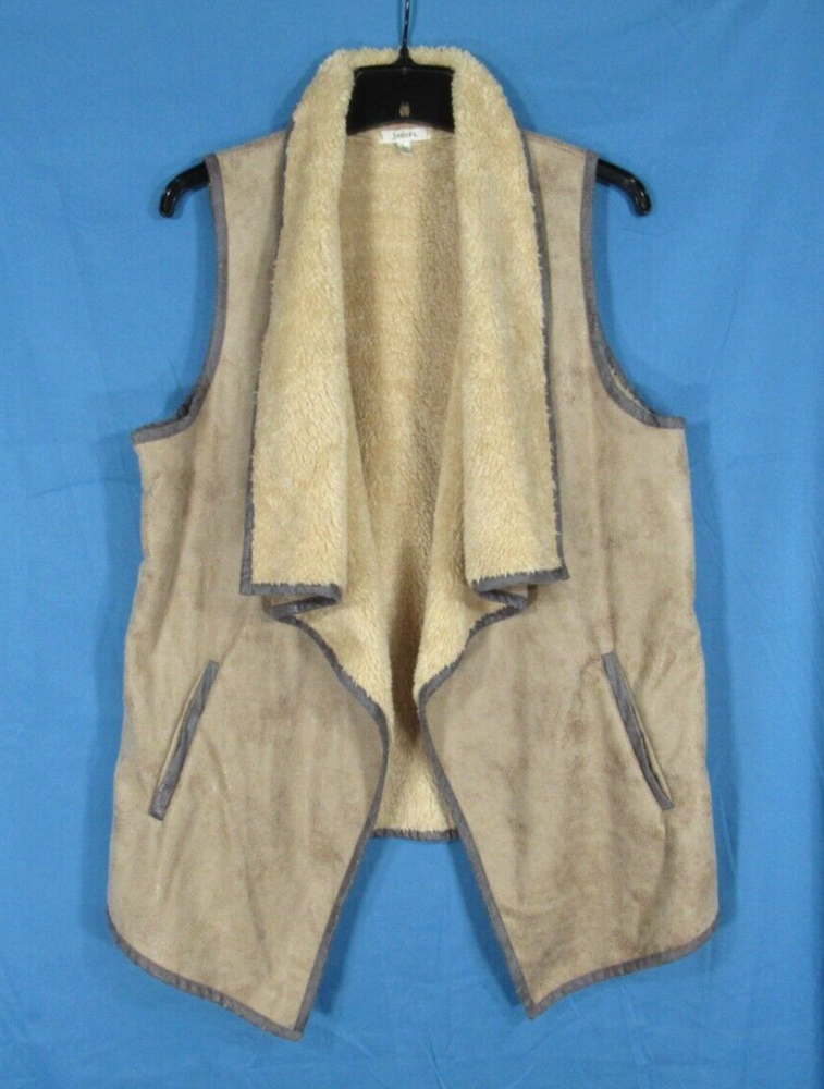 JODIFL Beige FAUX SUEDE Sleeveless SHERPA LINED Draped OPEN-FRONT Top Vest L