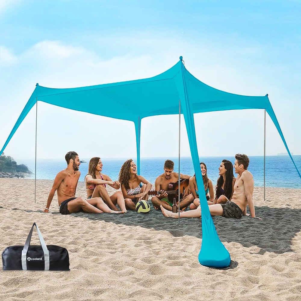 Beach Tent Sun Shelter 10 x 10ft, with 4 Aluminum Poles, Includes Sand Shovel...