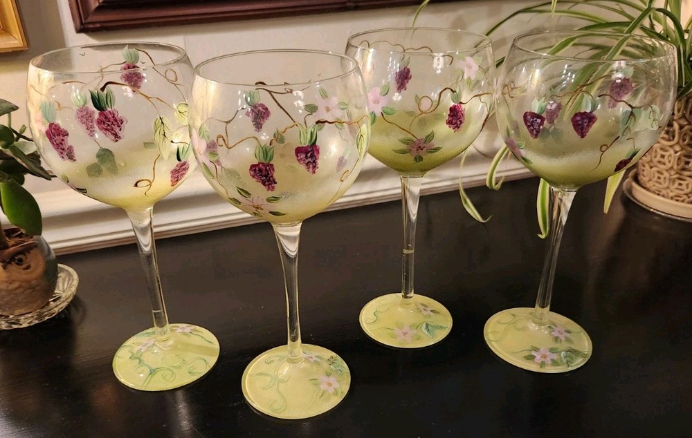 Set of 4 BLOCK BASICS Hand Painted  Glasses Berries + Flowers Goblets 16oz