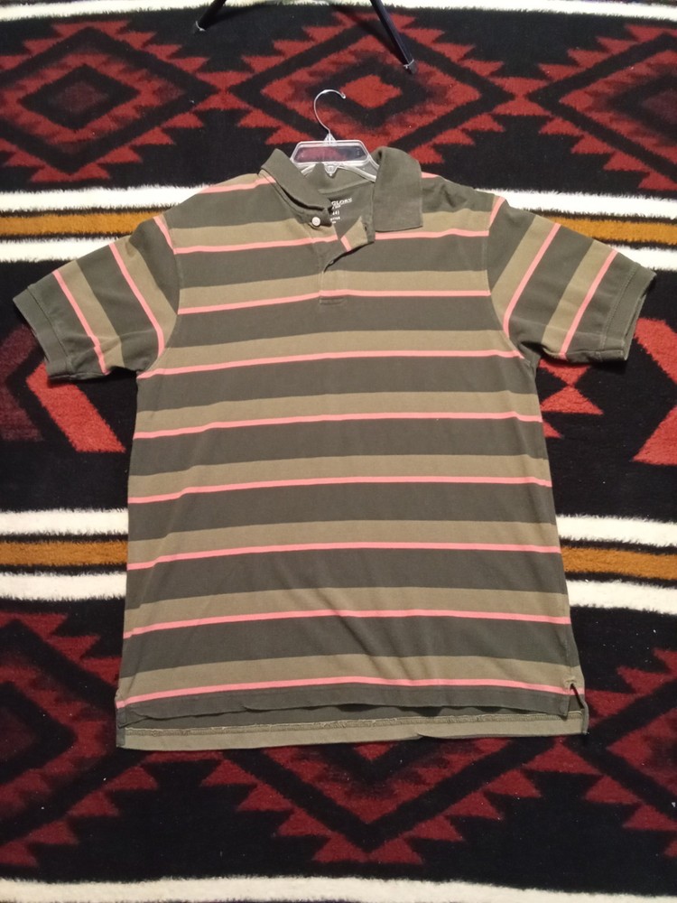 Y2K Faded Glory Men's L Polo Short Sleeve Brown Green Striped Cotton Shirt