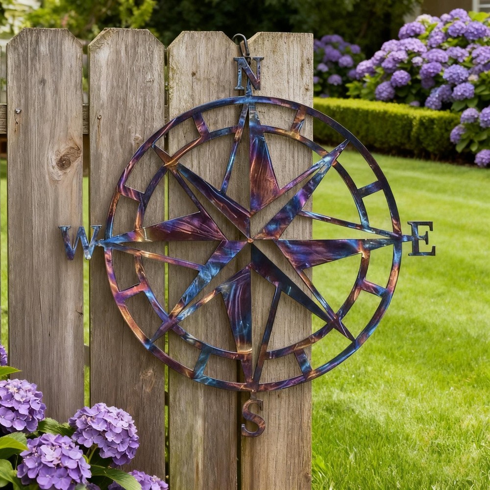 Metal Nautical Compass Wall Art, Directional Metal Sign, Torch Finish Heat Color