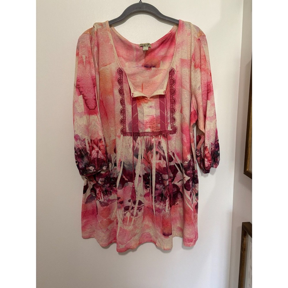 One World Boho Floral Tunic Top 2X Pink Watercolor Peasant Blouse Artsy Western
