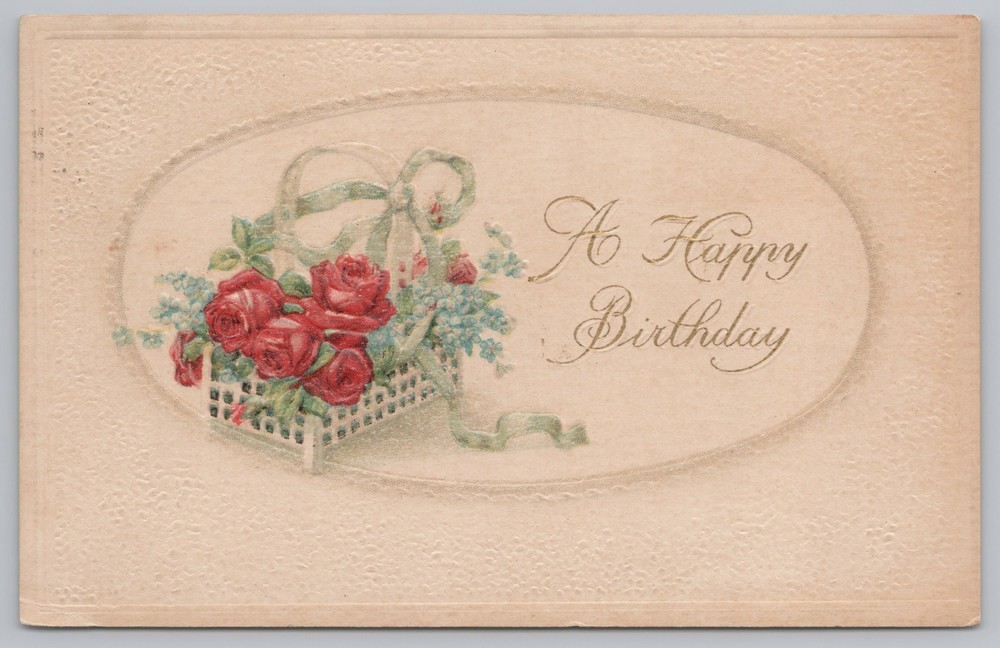 Greetings~Red Roses & Forget Me Nots Birthday Greeting~Vintage Postcard