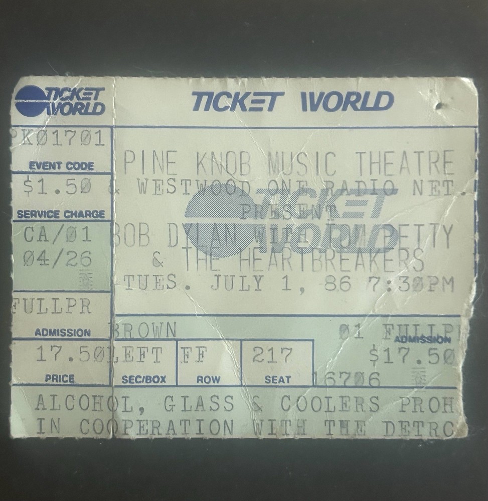 Bob Dylan w/ Tom Petty & The Heartbreakers Concert Ticket Stub Pine Knob 1986