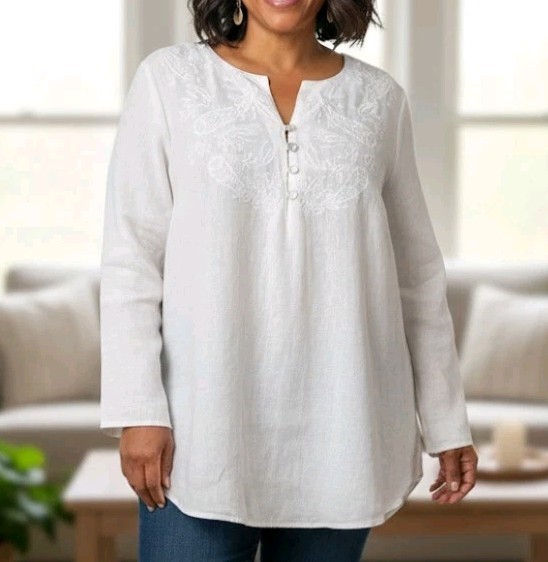 Cynthia Rowley Size 1X Blouse 100% Linen Embroidered Coastal Grandma Boho Chic