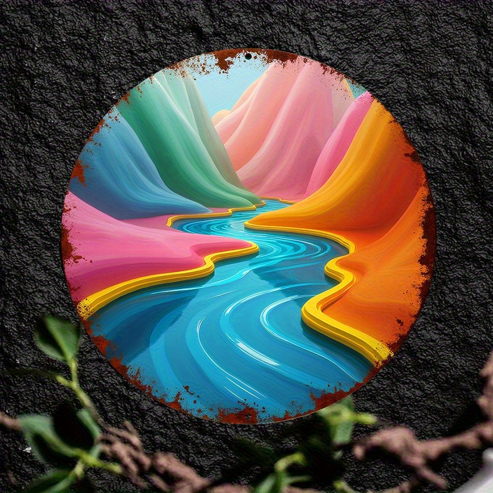 Vibrant Mountain River Landscape Round Aluminum Wall Art Sign