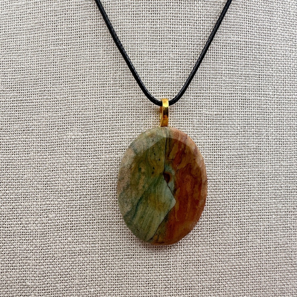 Vintage Y2K Large Oval Jasper Pendant Necklace Gold Tone Women's Jewelry