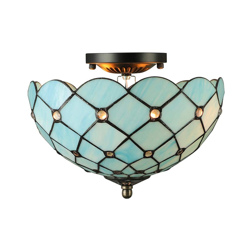 Tiffany Style LED Ceiling Lamp with Mediterranean Sea Blue Pattern 11 Inch Semi Flush Mount