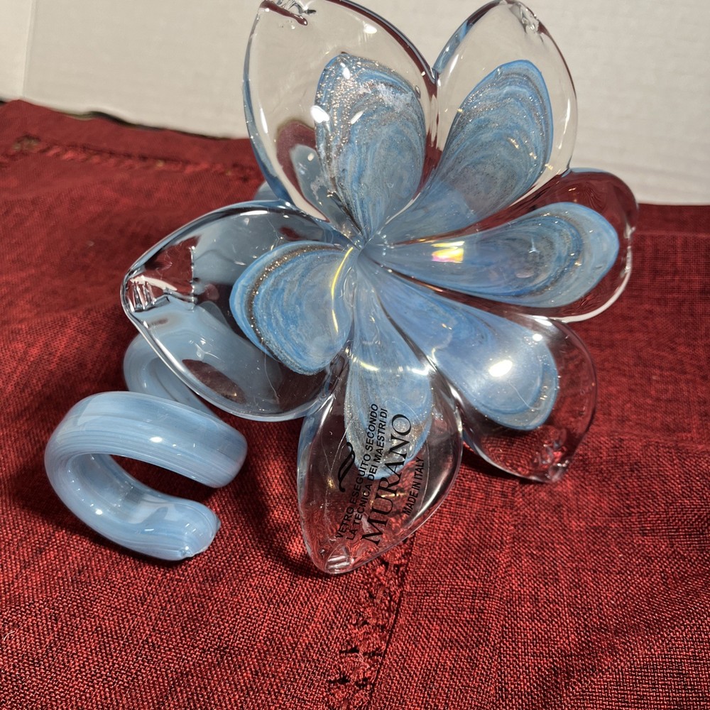 Blue Murano Style Hand Blown Glass Lily Flower Art Glass Spiral Stem