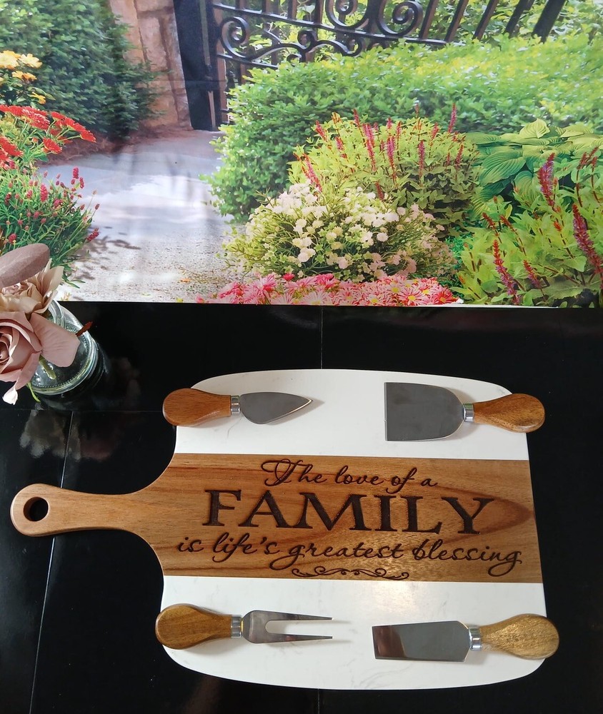Acacia Wood and White Marble Charcuterie Cheese Board with Handle & Accessories