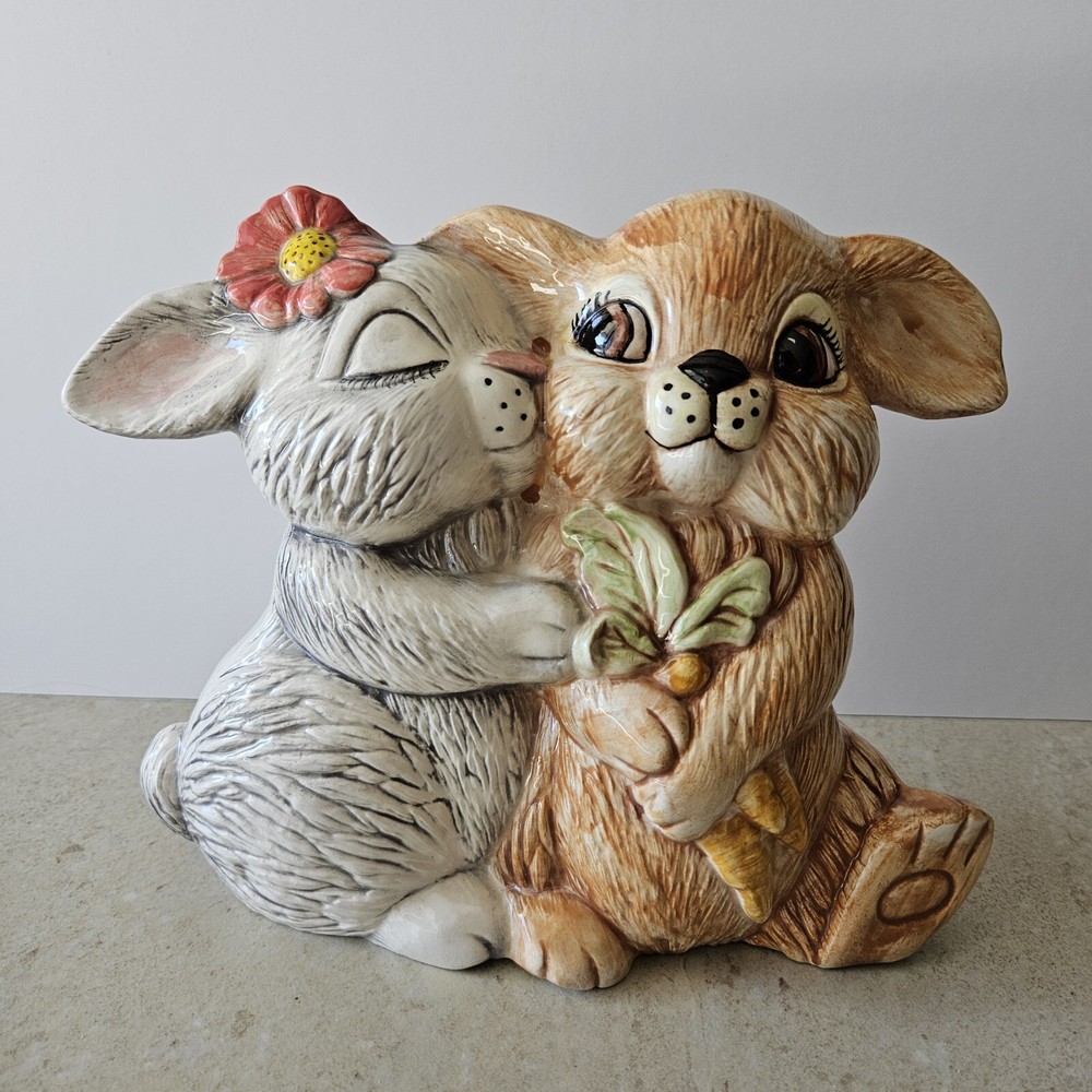 Adorable Hand Painted Ceramic Hugging Bunnies Home Decor Easter