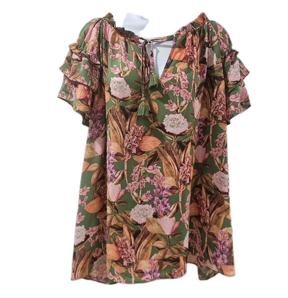 Rose and Olive Womens Top 2X Boho Fairy Floral Chiffon Relaxed Flowy Tropical