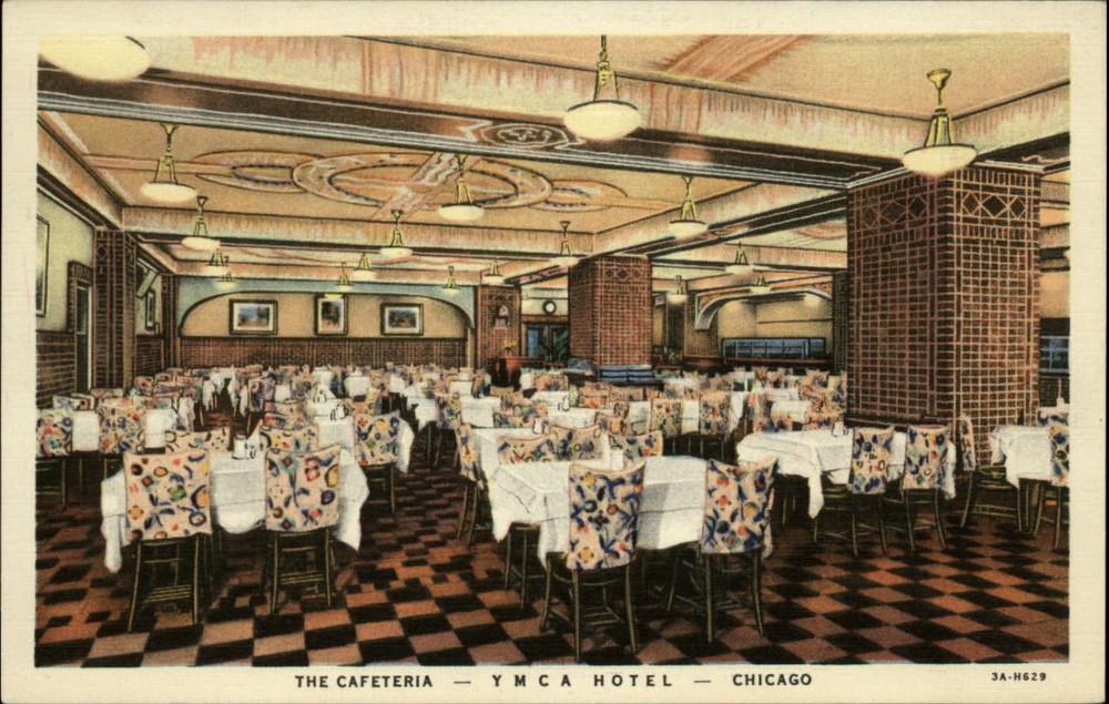 Cafeteria at YMCA Hotel Chicago Illinois ~ 1930s linen postcard