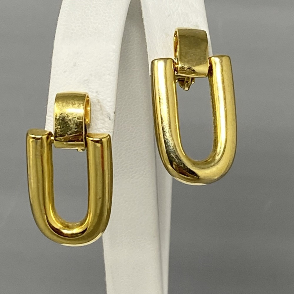 Vintage Gold Tone Door Knocker Earrings Hinge Oblong Hoop Clip On Classic 1.5