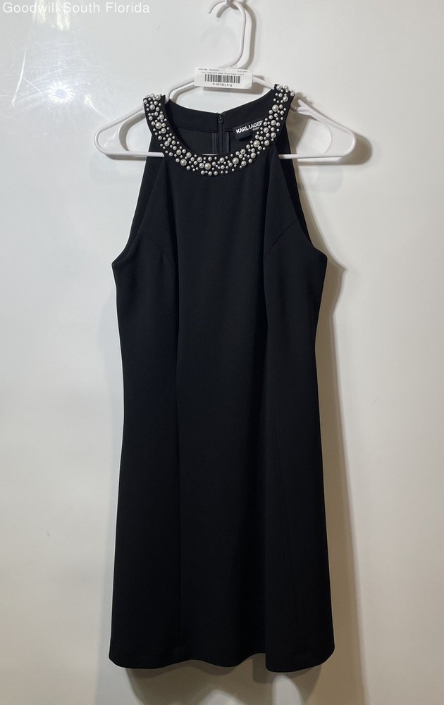 Karl Lagerfeld Womens Black Sleeveless Back Zip Beaded Shift Dress Size 6