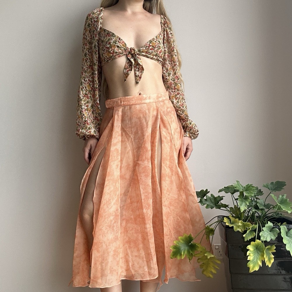 Women's Peach Orange Semi-Sheer Midi Skirt with Leg Slit