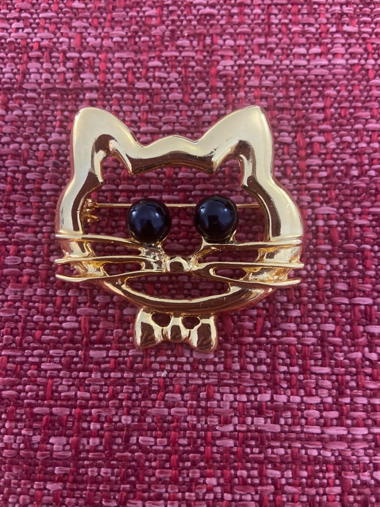 VTG Gold Tone Kitty Cat Head Black Bead Eyes Brooch Pin Estate Costume Jewelry