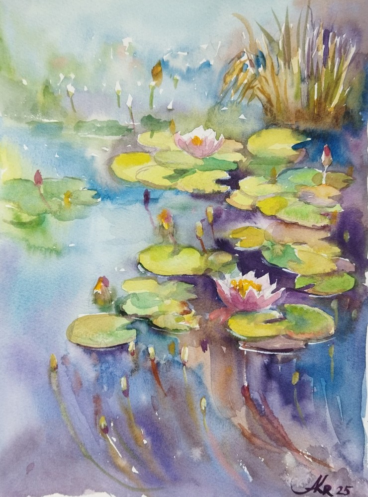 Water Lily Pond Original Watercolor Painting Landscape Floral Artwork 9x12 in