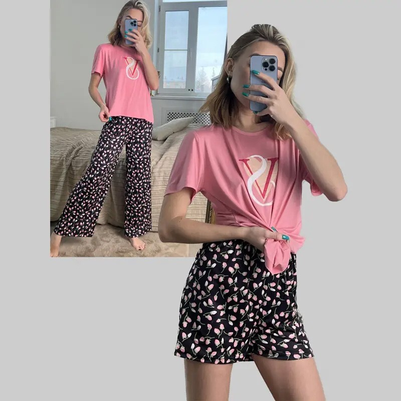 Nodless Women's 3 Piece Pajama Set Short Sleeve Sleepwear Pj  Top/Pants/Shorts
