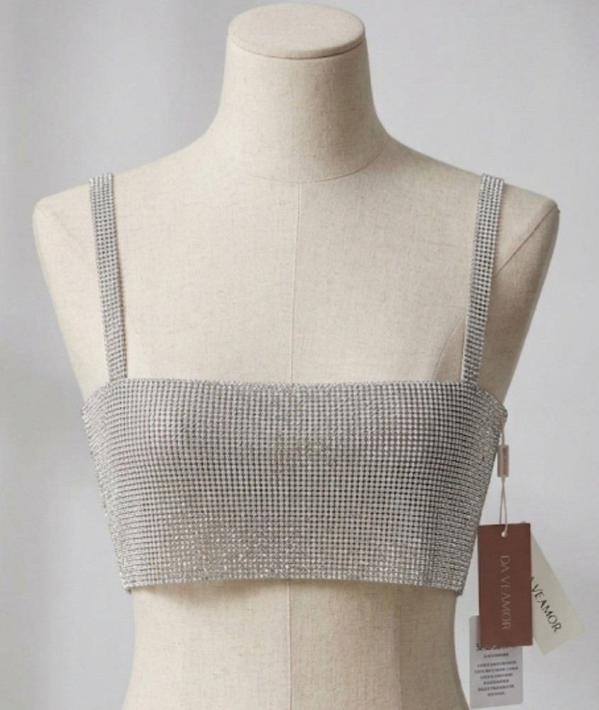 DA VEAMOR Alina Top Silver Rhinestone Mesh Bustier S NWT Bachelorette Festival