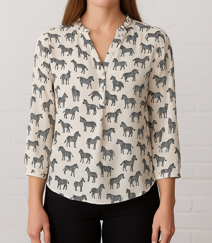 Downeast Women’s Blouse Small White Black Zebra Print 3/4 Sleeve Button Front