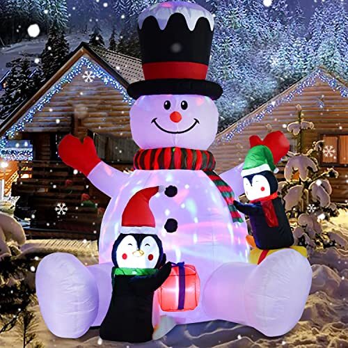 7ft Inflatable Christmas Snowman with Penguins, Rotating 7 Color Changing Led