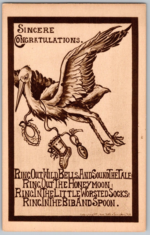 Antique Postcard Stork Carrying Baby Items 1910s