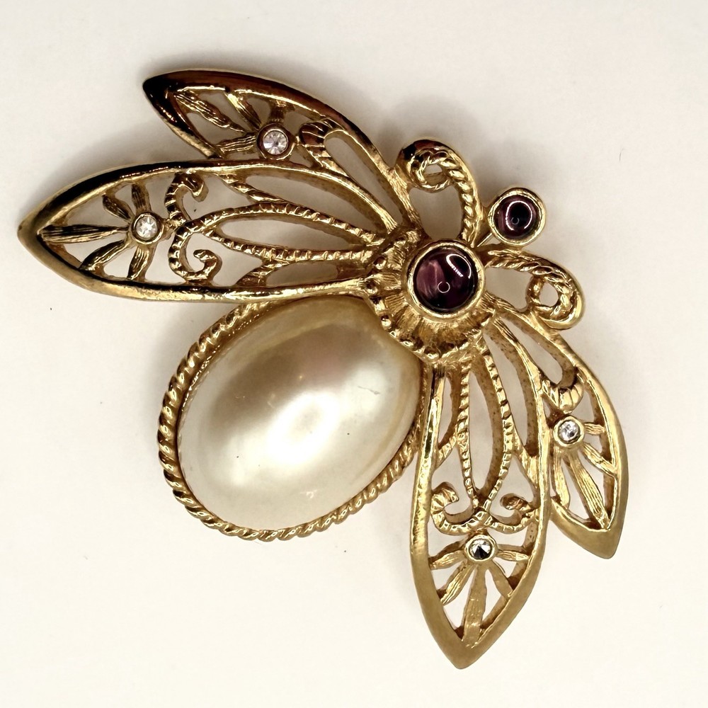 Vintage Gold Tone Statement Bee Brooch Faux Pearl Rhinestone Filigree Style
