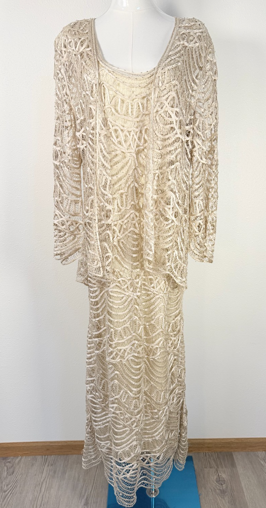 Soulmates 100% Silk Handcrafted 2-Piece Beige Crochet Maxi Dress Set XL