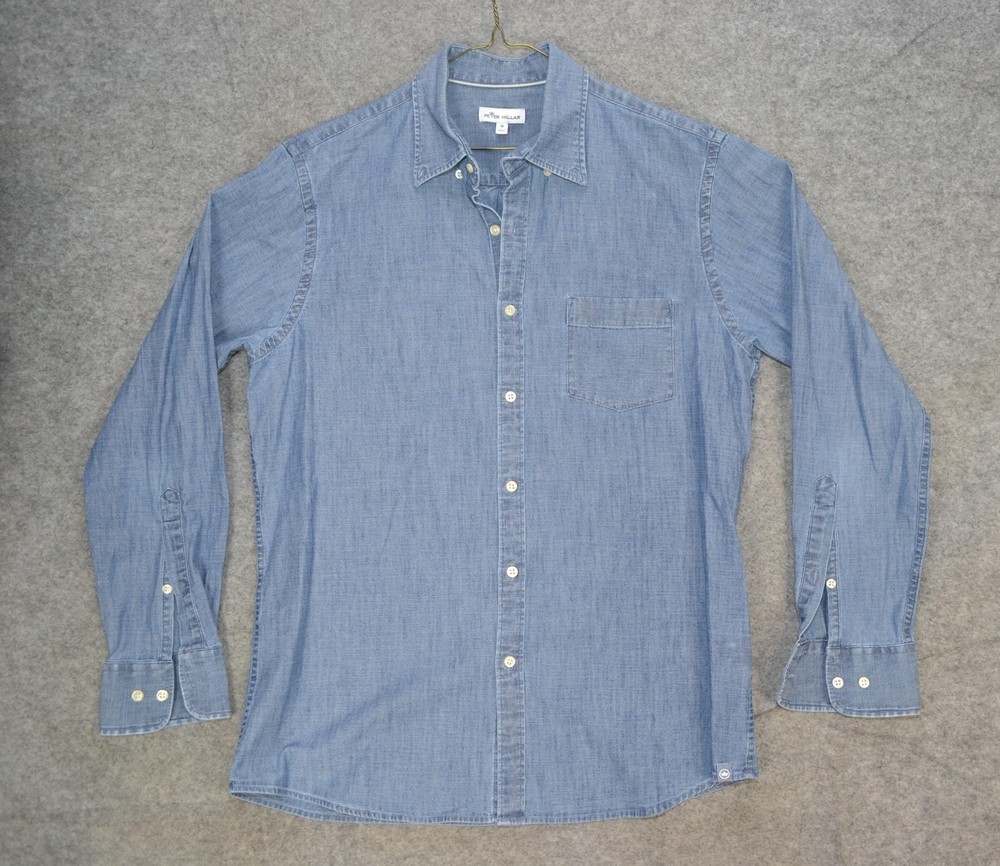 Peter Millar Shirt Mens Medium Blue Chambray Button Front Long Sleeve Casual