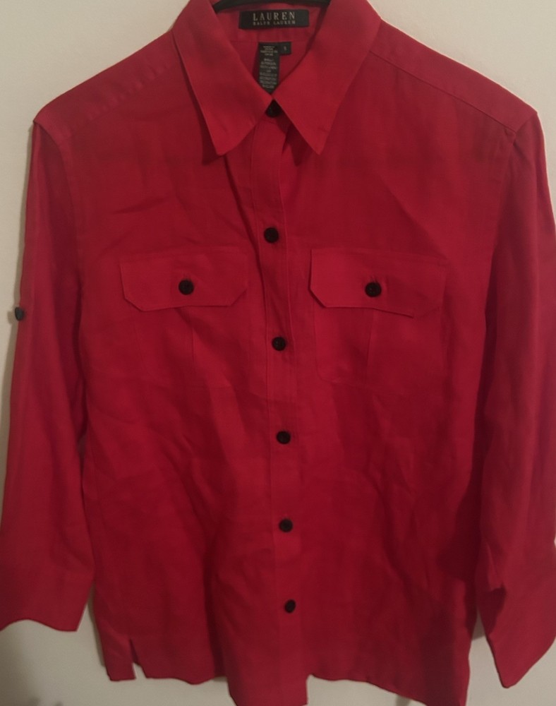 Lauren Ralph Lauren Women's 100% Linen.  Crisp Red 3/4 Sleeve Shirt Size Small