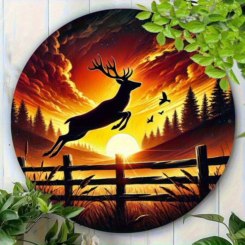 Sunset Deer Birds Scene Round Aluminum Wall Art Country Decor