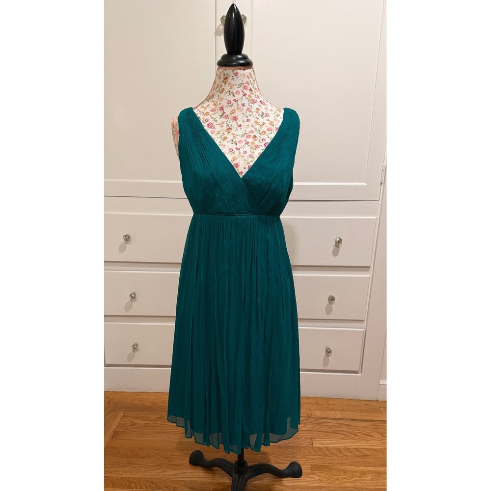J CREW 100% Silk Teal Green Pleated V Neck Midi Dress Sleeveless