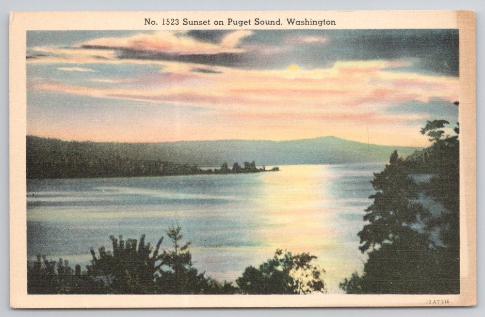 Vintage Linen Postcard - Sunset on Puget Sound, Washington - C.P. Johnston