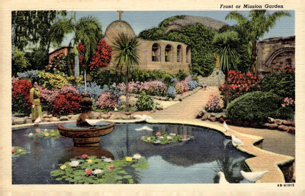 1948 Mission San Juan Capistrano CA Linen Postcard Front Garden Fountain Serra