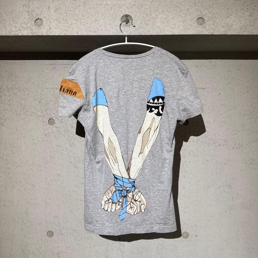 John Galliano V-Neck T-Shirt Gray Hand Print Size M