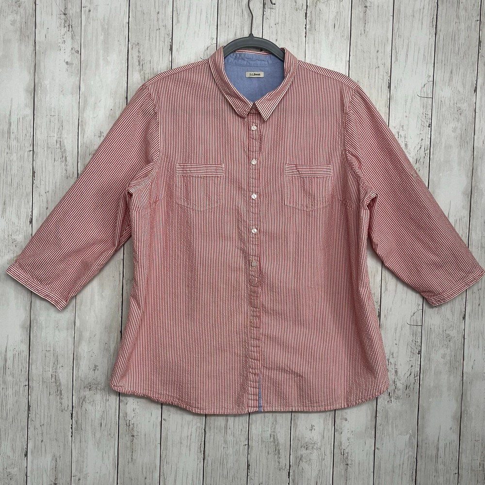 L.L. Bean Red White Seersucker Button Up Shirt Womens Large XL Roll Tab Blouse