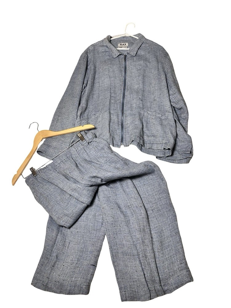 Flax Jeanne Engelhart 2pc Pants Sz M Jacket Sz L Blue Linen Knit Wide Leg READ