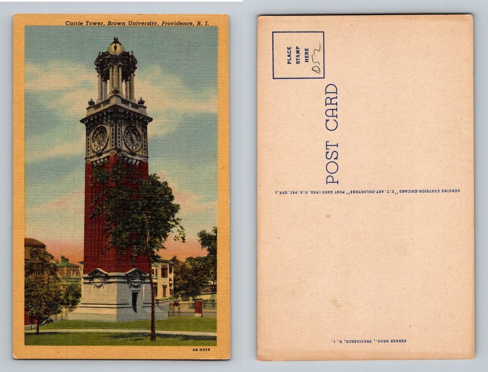Carrie Tower, Providence RI-Rhode Island Brown Univ Clock Tower Vintage Postcard