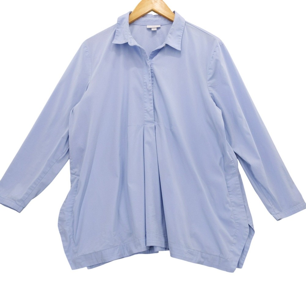 J Jill Petite L Blue Collared Snap Front Shirt Tunic Pleated Hidden Pockets