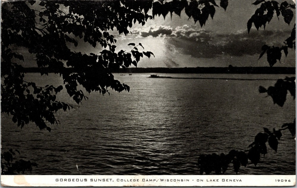 Gorgeous Sunset College Camp Lake Geneva Wisconsin Vintage Postcard