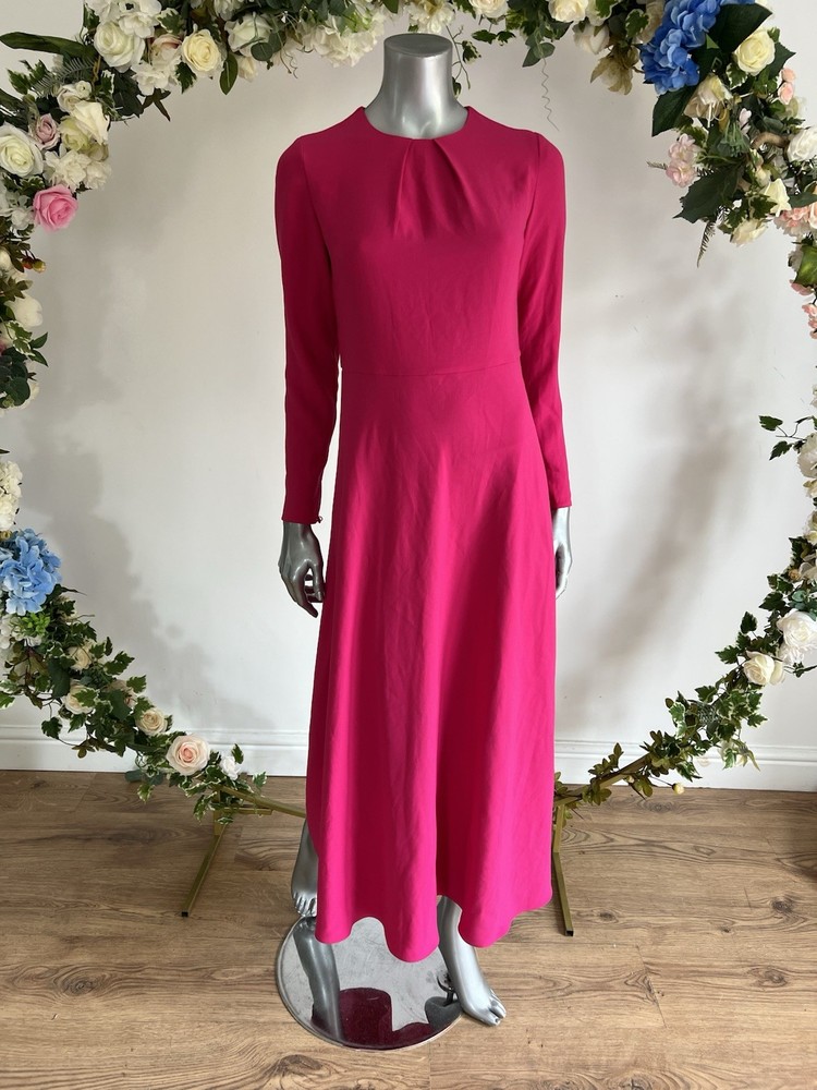 TED BAKER Midi Dress Womens TB 2 UK 10 Neev Fuchsia Neck Pleat Long Sleeve NEW
