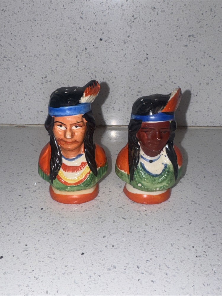 Vtg Ceramic American Indian Couple Heads Figurines Salt & Pepper Shakers Japan