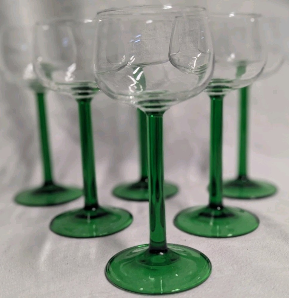 Set 6 Vintage Luminarc France Emerald Green Stem Wine Glasses Goblets 6.5”