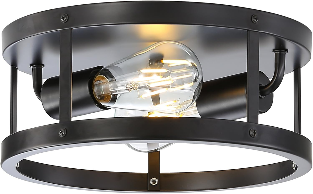 2-Light Industrial Flush Mount Ceiling Light Fixture,Black Farmhouse Ceiling Lig