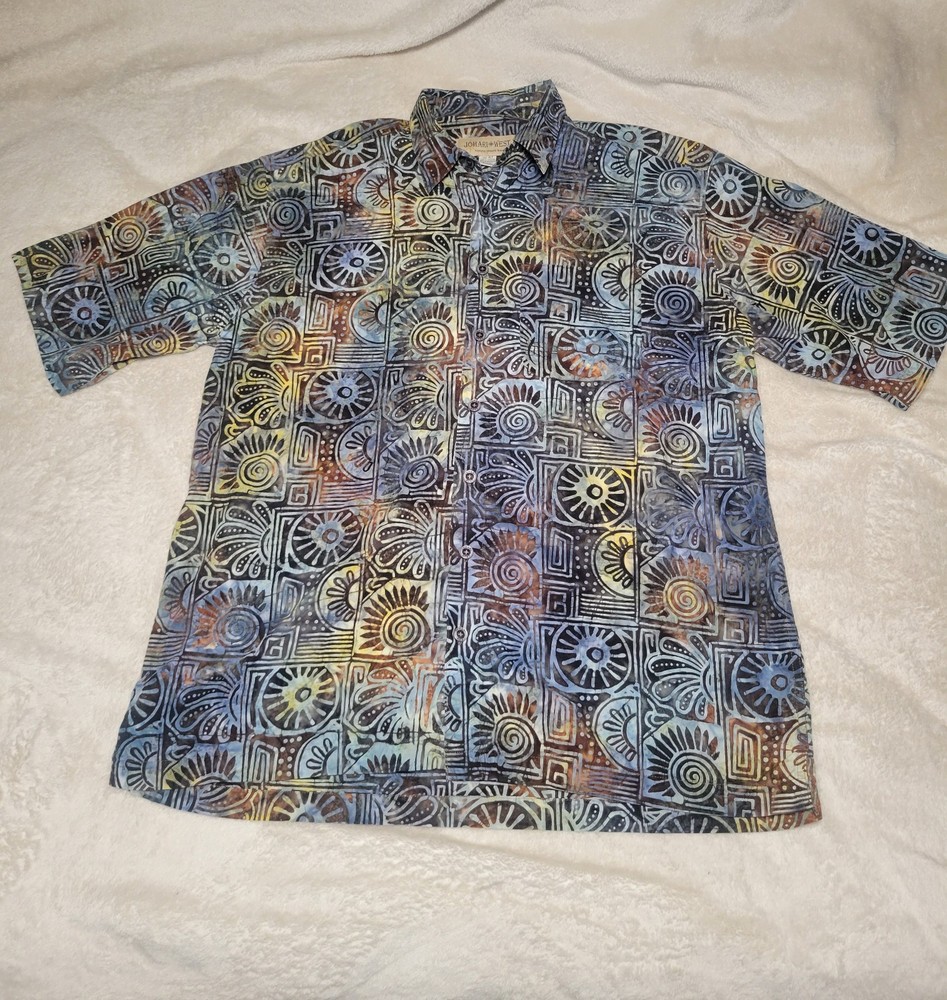 Johari West Indo Bay Shirt Mens XLT Blue Cotton Batik Hawaiian Button Down