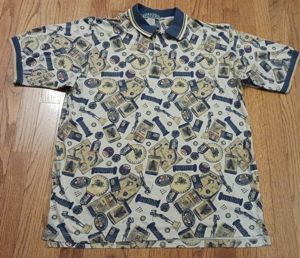 Vtg. Arnold Palmer Polo Shirt Mens Large Blue Gray Graphic Print Golf Golfer