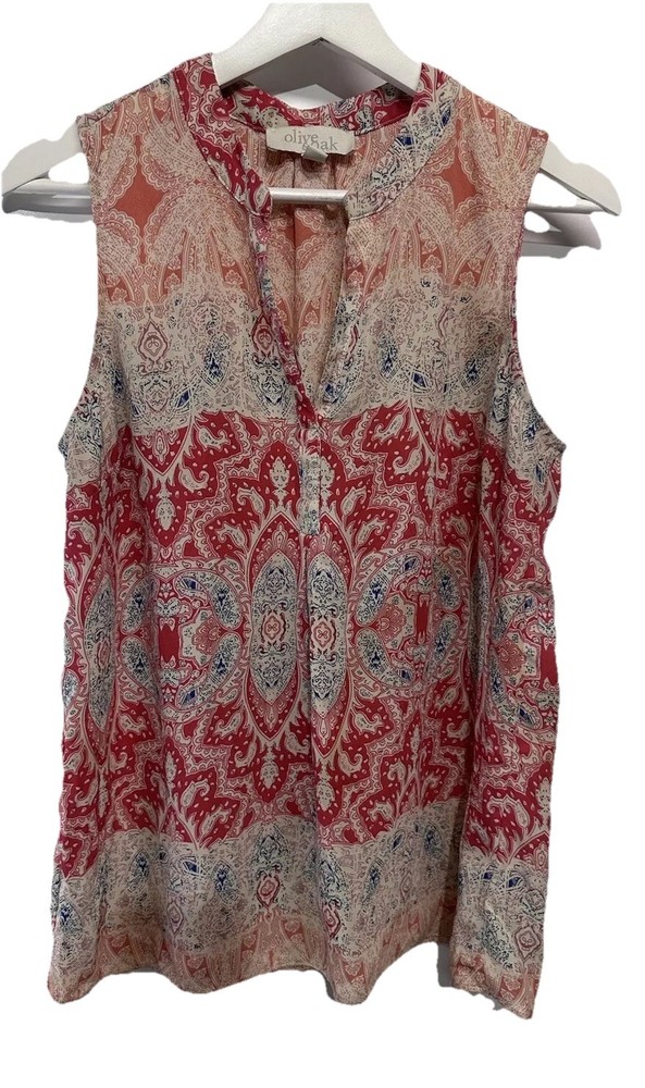 Olive & Oak Popover Tunic Blouse Top Light Cotton Sleeveless Paisley Pattern M