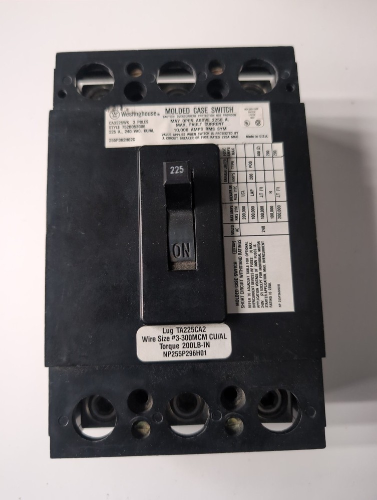 Westinghouse CA3225WK Circuit Breaker 225A 3P 240V 3PH CA 225 Amp 3 Pole